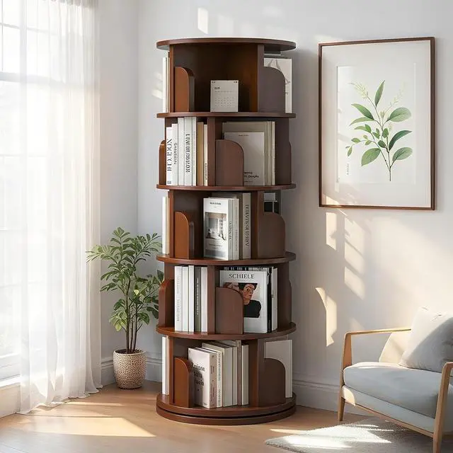 Alt view image 4 of 7 - 5 Tier Corner Bookshelf, 360° Rotating Tall Bookcase with Side Panels, Space Saving Round Spinning Display Shelf, Storage Tower Rack for Bedroom, Living Room, Small Space, Office, Walnut