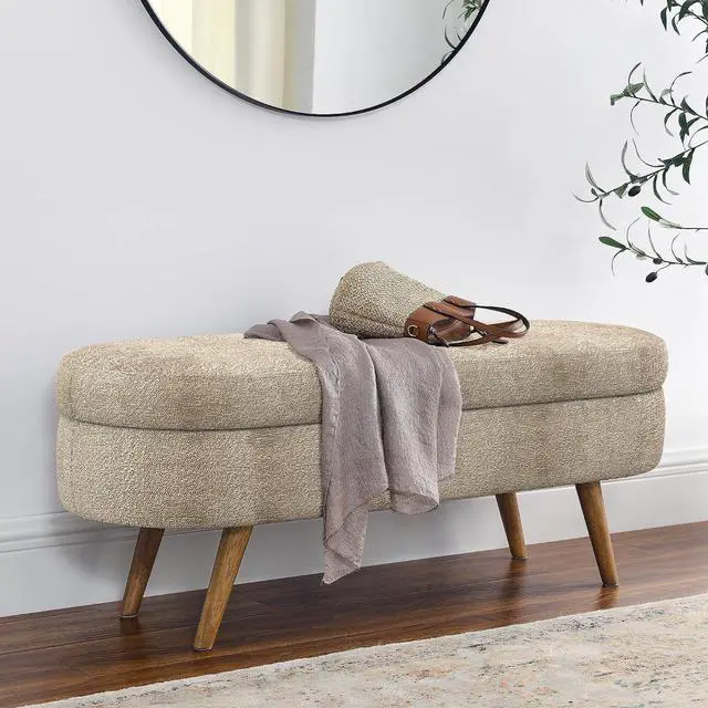 Main image of 43.5" Storage Ottoman Bench, Upholstered Bedroom Bench, Oval Shaped Ottoman with Rubber Wood Legs, Foot Stool for End of Bed,Living Room, Entryway, Brown
