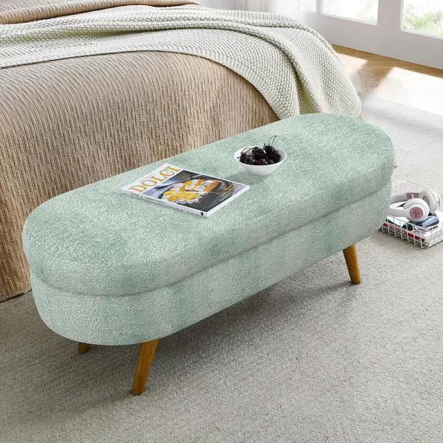 Alt view image 3 of 7 - 43.5" Storage Ottoman Bench, Upholstered Bedroom Bench, Oval Shaped Ottoman with Rubber Wood Legs, Foot Stool for End of Bed,Living Room, Entryway, Cyan