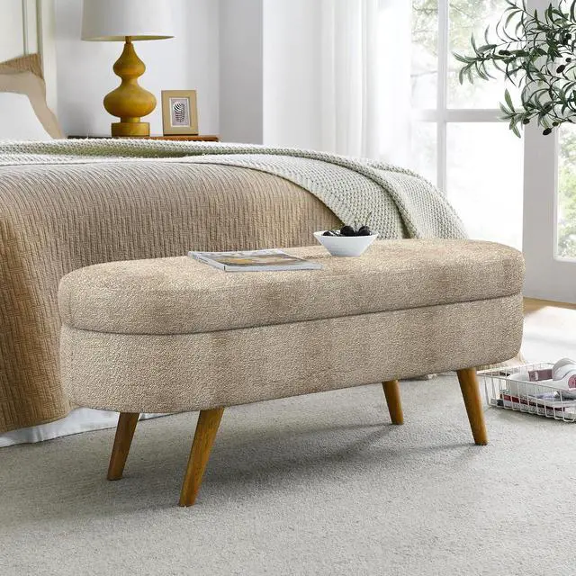 Alt view image 2 of 7 - 43.5" Storage Ottoman Bench, Upholstered Bedroom Bench, Oval Shaped Ottoman with Rubber Wood Legs, Foot Stool for End of Bed,Living Room, Entryway, Brown