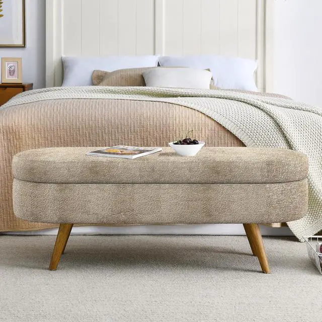 Alt view image 4 of 7 - 43.5" Storage Ottoman Bench, Upholstered Bedroom Bench, Oval Shaped Ottoman with Rubber Wood Legs, Foot Stool for End of Bed,Living Room, Entryway, Brown