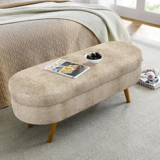 Alt view image 3 of 7 - 43.5" Storage Ottoman Bench, Upholstered Bedroom Bench, Oval Shaped Ottoman with Rubber Wood Legs, Foot Stool for End of Bed,Living Room, Entryway, Brown