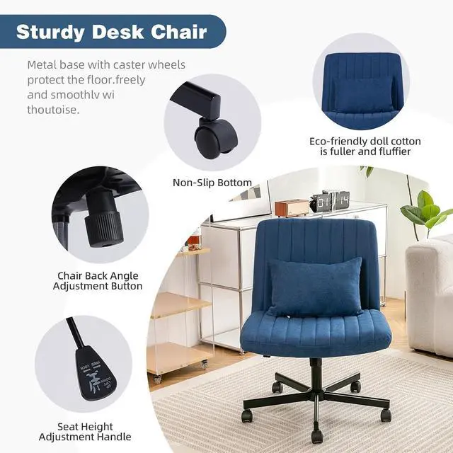 Alt view image 4 of 7 - Vanity Chair with Back, Adjustable Height Criss Cross Desk Chair with Wheels, Armless Swivel Rolling Stool with Angle Adjustable Back and Back Pillow for Home Office, Meditation & Makeup, Linen, Blue