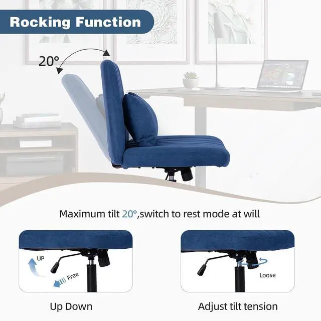Alt view image 5 of 7 - Vanity Chair with Back, Adjustable Height Criss Cross Desk Chair with Wheels, Armless Swivel Rolling Stool with Angle Adjustable Back and Back Pillow for Home Office, Meditation & Makeup, Linen, Blue