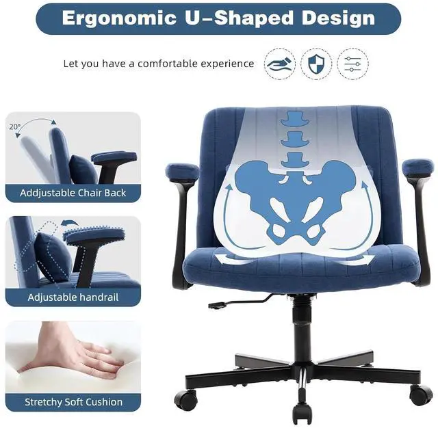 Alt view image 3 of 7 - Criss Cross Office Desk Chair with Wheels, Swivel Armchair with Foldable Armrests, Back Pillow, Velvet Vanity Chair Rolling Stool with Adjustable Back for Home Office, Meditation & Makeup, Blue