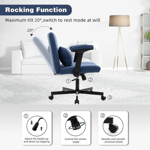Alt view image 4 of 7 - Criss Cross Office Desk Chair with Wheels, Swivel Armchair with Foldable Armrests, Back Pillow, Velvet Vanity Chair Rolling Stool with Adjustable Back for Home Office, Meditation & Makeup, Blue