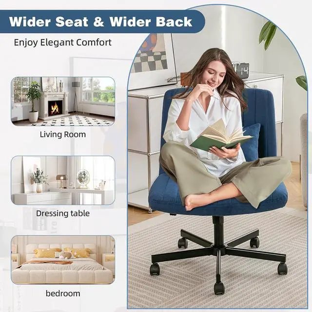 Alt view image 7 of 7 - Vanity Chair with Back, Adjustable Height Criss Cross Desk Chair with Wheels, Armless Swivel Rolling Stool with Angle Adjustable Back and Back Pillow for Home Office, Meditation & Makeup, Linen, Blue