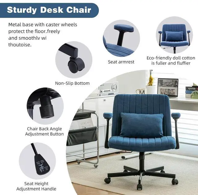 Alt view image 6 of 7 - Criss Cross Office Desk Chair with Wheels, Swivel Armchair with Foldable Armrests, Back Pillow, Velvet Vanity Chair Rolling Stool with Adjustable Back for Home Office, Meditation & Makeup, Blue