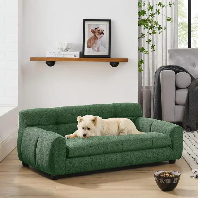 Alt view image 3 of 7 - 38" Dog Sofa Bed, Elevated Dog Bed with Backrest and Armrests, Soft Memory Foam Couches for Small and Medium-Sized Pets, Durable Linen Pet Couch Furniture, Green