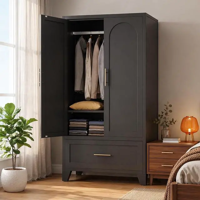 Main image of Metal Armoire Wardrobe Closet with Hanging Rod, 60" Tall Wardrobe Cabinet with Drawer, 2 Doors, Coat Organizers and Storage with Adjustable Shelf for Bedroom, Office, Entryway, Guesthouse, Black