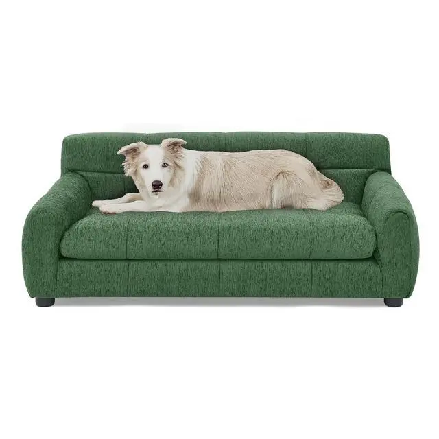 Alt view image 7 of 7 - 38" Dog Sofa Bed, Elevated Dog Bed with Backrest and Armrests, Soft Memory Foam Couches for Small and Medium-Sized Pets, Durable Linen Pet Couch Furniture, Green