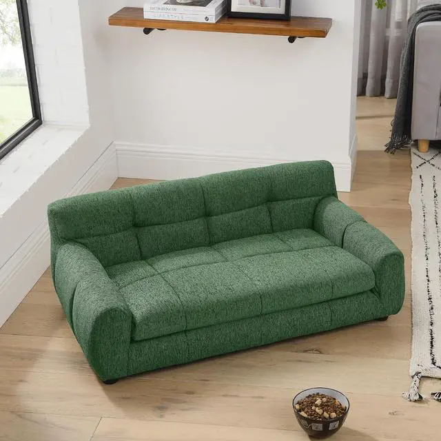 Alt view image 5 of 7 - 38" Dog Sofa Bed, Elevated Dog Bed with Backrest and Armrests, Soft Memory Foam Couches for Small and Medium-Sized Pets, Durable Linen Pet Couch Furniture, Green
