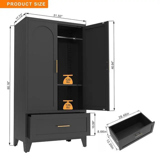 Alt view image 2 of 7 - Metal Armoire Wardrobe Closet with Hanging Rod, 60" Tall Wardrobe Cabinet with Drawer, 2 Doors, Coat Organizers and Storage with Adjustable Shelf for Bedroom, Office, Entryway, Guesthouse, Black