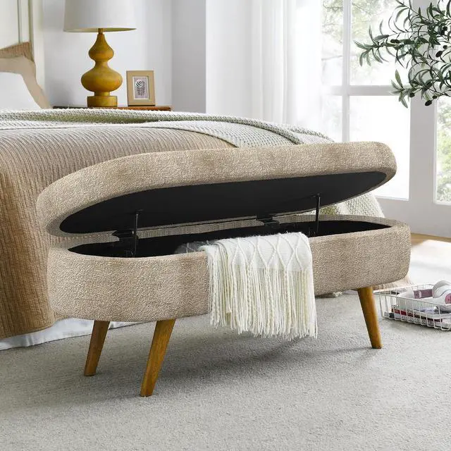 Alt view image 5 of 7 - 43.5" Storage Ottoman Bench, Upholstered Bedroom Bench, Oval Shaped Ottoman with Rubber Wood Legs, Foot Stool for End of Bed,Living Room, Entryway, Brown