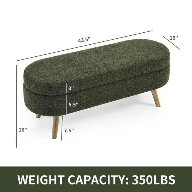 Alt view image 2 of 6 - 43.5" Storage Ottoman Bench, Linen Upholstered Bedroom Bench, Oval Shaped Ottoman with Rubber Wood Legs, Footrest Stool for End of Bed,Living Room, Entryway, Green