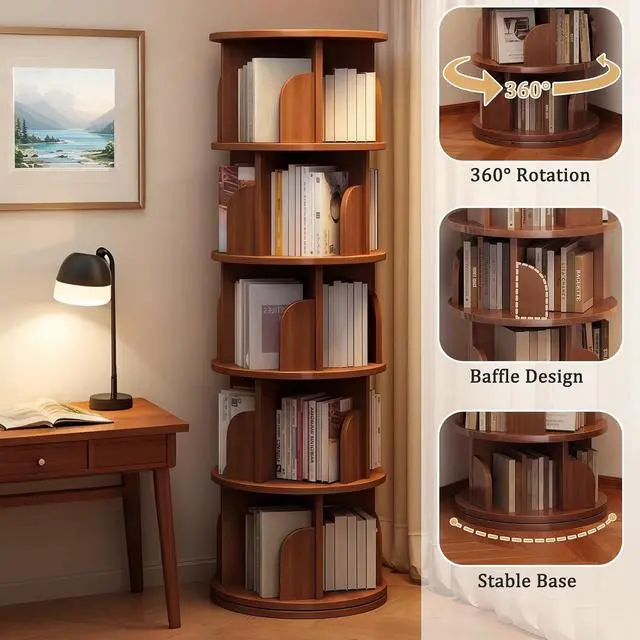 Alt view image 5 of 7 - 5 Tier Corner Bookshelf, 360° Rotating Tall Bookcase with Side Panels, Space Saving Round Spinning Display Shelf, Storage Tower Rack for Bedroom, Living Room, Small Space, Office, Walnut