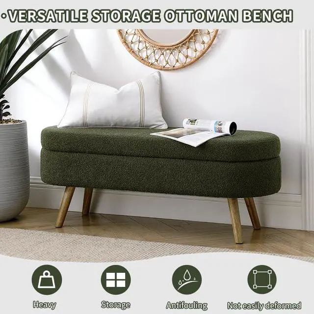 Alt view image 3 of 6 - 43.5" Storage Ottoman Bench, Linen Upholstered Bedroom Bench, Oval Shaped Ottoman with Rubber Wood Legs, Footrest Stool for End of Bed,Living Room, Entryway, Green