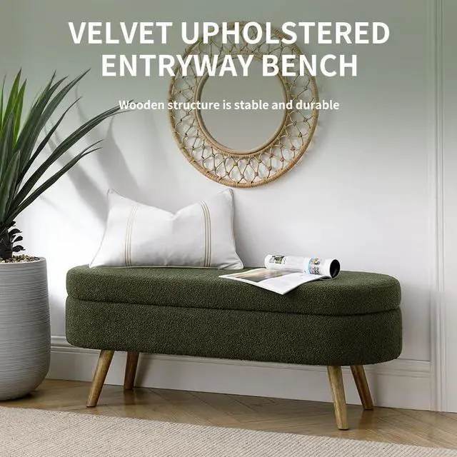 Alt view image 4 of 6 - 43.5" Storage Ottoman Bench, Linen Upholstered Bedroom Bench, Oval Shaped Ottoman with Rubber Wood Legs, Footrest Stool for End of Bed,Living Room, Entryway, Green