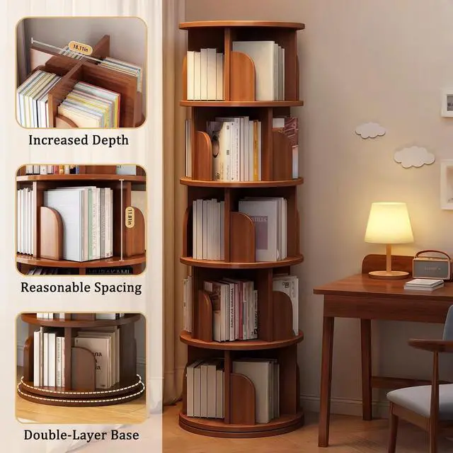 Alt view image 6 of 7 - 5 Tier Corner Bookshelf, 360° Rotating Tall Bookcase with Side Panels, Space Saving Round Spinning Display Shelf, Storage Tower Rack for Bedroom, Living Room, Small Space, Office, Walnut