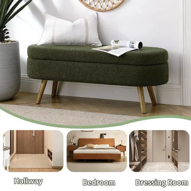 Alt view image 6 of 6 - 43.5" Storage Ottoman Bench, Linen Upholstered Bedroom Bench, Oval Shaped Ottoman with Rubber Wood Legs, Footrest Stool for End of Bed,Living Room, Entryway, Green