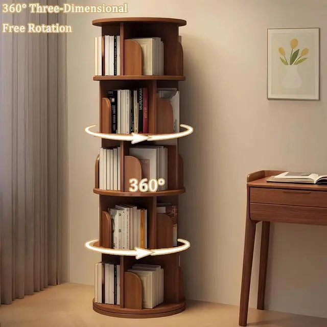 Alt view image 7 of 7 - 5 Tier Corner Bookshelf, 360° Rotating Tall Bookcase with Side Panels, Space Saving Round Spinning Display Shelf, Storage Tower Rack for Bedroom, Living Room, Small Space, Office, Walnut