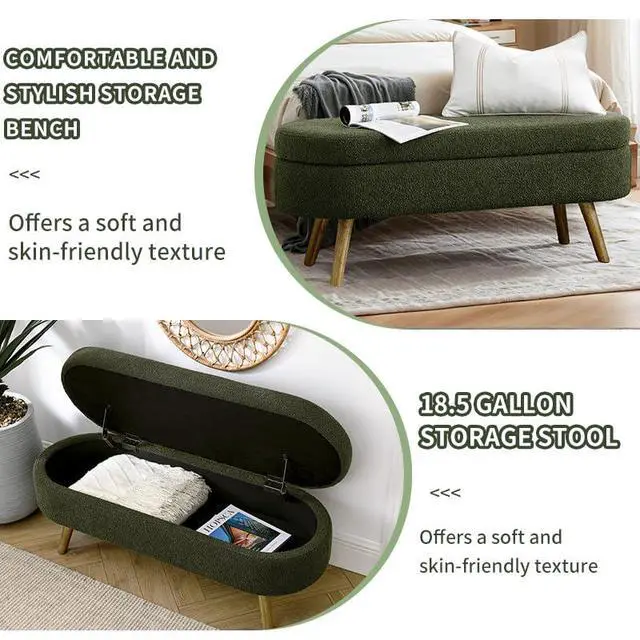 Alt view image 5 of 6 - 43.5" Storage Ottoman Bench, Linen Upholstered Bedroom Bench, Oval Shaped Ottoman with Rubber Wood Legs, Footrest Stool for End of Bed,Living Room, Entryway, Green