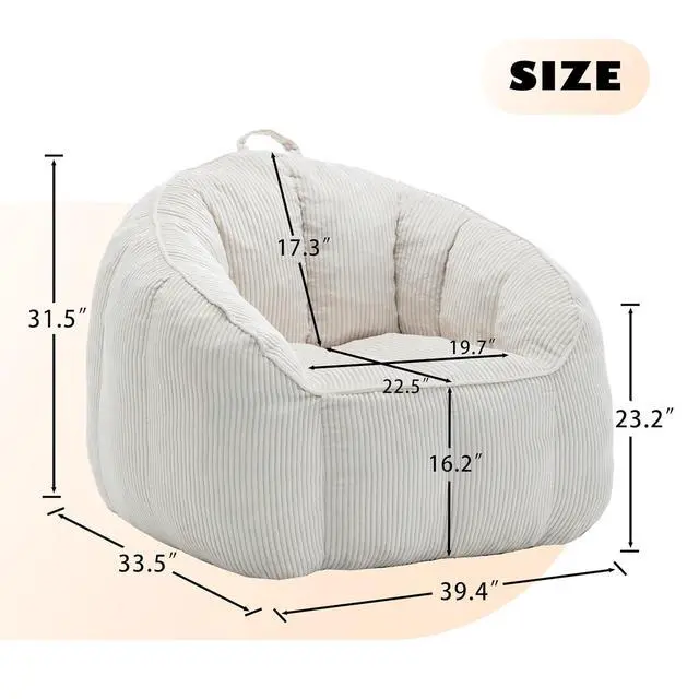 Alt view image 2 of 7 - Giant Bean Bag Chair with Pull Ring, Comfy Corduroy Lazy Sofa for Adults Teens, Large Boneless Chair, Comfy Accent Chair, Corner Armchair for for Living Room, Bedroom, Gaming, Reading, Beige