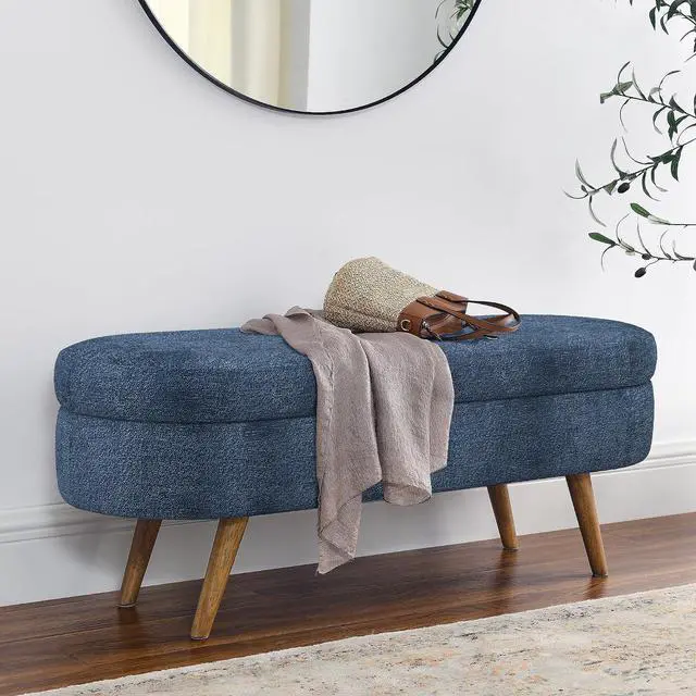 Main image of 43.5" Storage Ottoman Bench, Upholstered Bedroom Bench, Oval Shaped Ottoman with Rubber Wood Legs, Foot Stool for End of Bed,Living Room, Entryway, Dark Blue