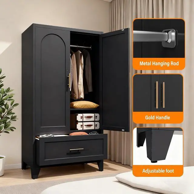 Alt view image 3 of 7 - Metal Armoire Wardrobe Closet with Hanging Rod, 60" Tall Wardrobe Cabinet with Drawer, 2 Doors, Coat Organizers and Storage with Adjustable Shelf for Bedroom, Office, Entryway, Guesthouse, Black