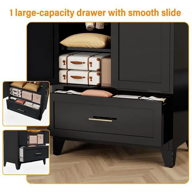 Alt view image 6 of 7 - Metal Armoire Wardrobe Closet with Hanging Rod, 60" Tall Wardrobe Cabinet with Drawer, 2 Doors, Coat Organizers and Storage with Adjustable Shelf for Bedroom, Office, Entryway, Guesthouse, Black