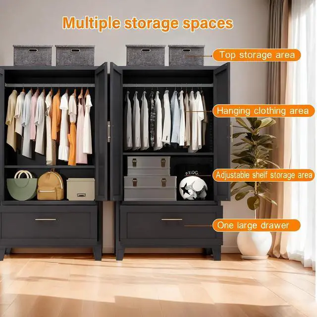 Alt view image 5 of 7 - Metal Armoire Wardrobe Closet with Hanging Rod, 60" Tall Wardrobe Cabinet with Drawer, 2 Doors, Coat Organizers and Storage with Adjustable Shelf for Bedroom, Office, Entryway, Guesthouse, Black