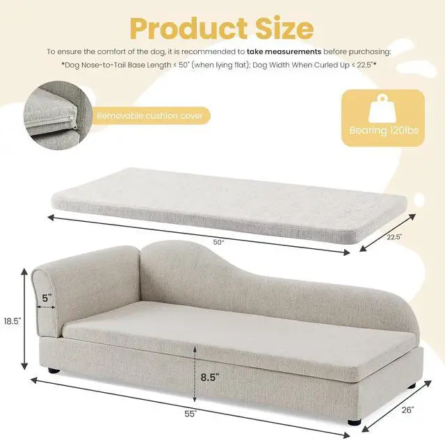Alt view image 2 of 7 - Elevated Dog Bed for Extra Large Dogs, 55" Large Dog Couch with Removable Cushion, Backrest and Single Armrest, Linen Fabric Pet Lounging Sofa Bed with Washable Soft Cushion Cover & Low Feet, Beige