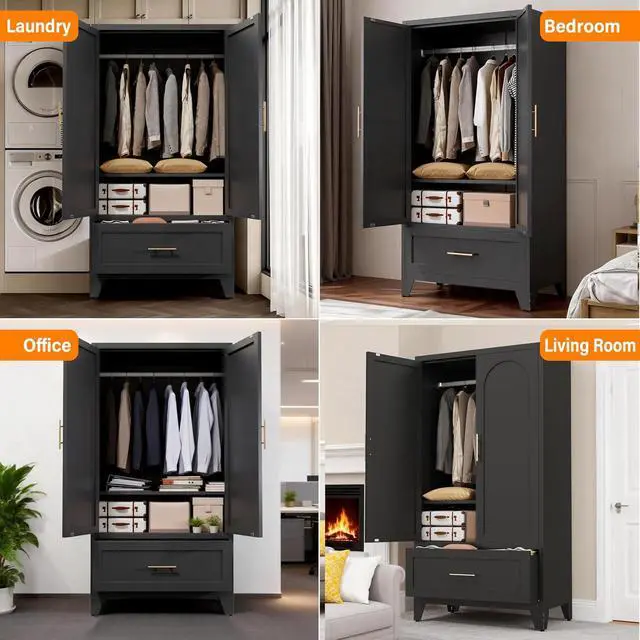 Alt view image 7 of 7 - Metal Armoire Wardrobe Closet with Hanging Rod, 60" Tall Wardrobe Cabinet with Drawer, 2 Doors, Coat Organizers and Storage with Adjustable Shelf for Bedroom, Office, Entryway, Guesthouse, Black