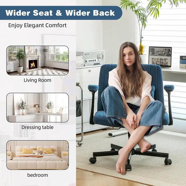 Alt view image 7 of 7 - Criss Cross Office Desk Chair with Wheels, Swivel Armchair with Foldable Armrests, Back Pillow, Velvet Vanity Chair Rolling Stool with Adjustable Back for Home Office, Meditation & Makeup, Blue
