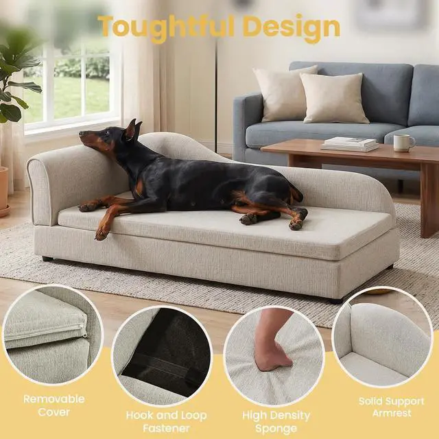 Alt view image 4 of 7 - Elevated Dog Bed for Extra Large Dogs, 55" Large Dog Couch with Removable Cushion, Backrest and Single Armrest, Linen Fabric Pet Lounging Sofa Bed with Washable Soft Cushion Cover & Low Feet, Beige