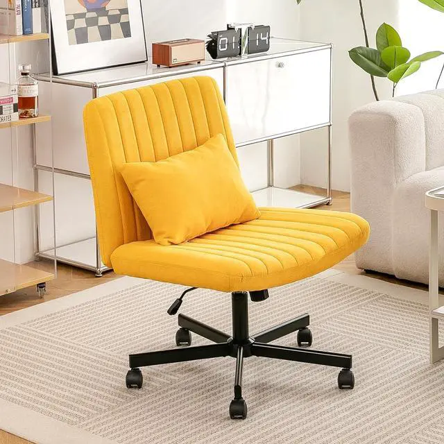 Main image of Vanity Chair with Back, Adjustable Height Criss Cross Desk Chair with Wheels, Armless Swivel Rolling Stool with Back Pillow for Home Office, Meditation & Makeup, Linen, Yellow