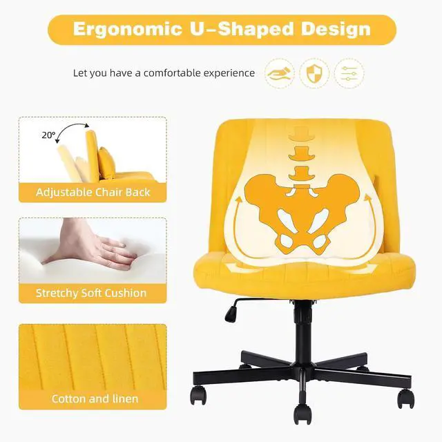 Alt view image 3 of 7 - Vanity Chair with Back, Adjustable Height Criss Cross Desk Chair with Wheels, Armless Swivel Rolling Stool with Back Pillow for Home Office, Meditation & Makeup, Linen, Yellow