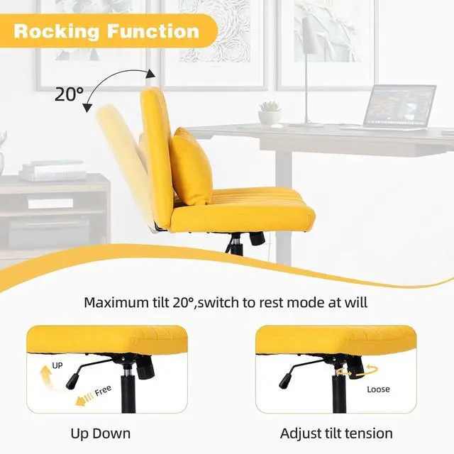 Alt view image 4 of 7 - Vanity Chair with Back, Adjustable Height Criss Cross Desk Chair with Wheels, Armless Swivel Rolling Stool with Back Pillow for Home Office, Meditation & Makeup, Linen, Yellow