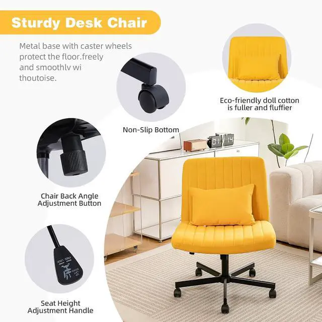 Alt view image 6 of 7 - Vanity Chair with Back, Adjustable Height Criss Cross Desk Chair with Wheels, Armless Swivel Rolling Stool with Back Pillow for Home Office, Meditation & Makeup, Linen, Yellow