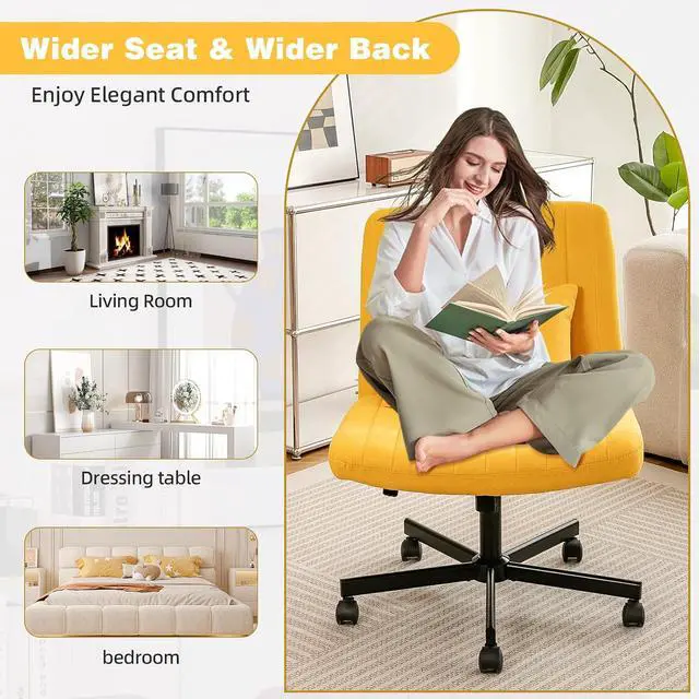 Alt view image 7 of 7 - Vanity Chair with Back, Adjustable Height Criss Cross Desk Chair with Wheels, Armless Swivel Rolling Stool with Back Pillow for Home Office, Meditation & Makeup, Linen, Yellow