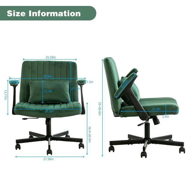 Alt view image 2 of 6 - Criss Cross Office Desk Chair with Wheels, Swivel Armchair with Foldable Armrests, Back Pillow, Velvet Vanity Chair Rolling Stool with Adjustable Back for Home Office, Meditation & Makeup, Green