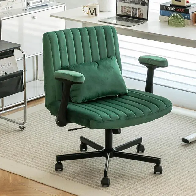 Main image of Criss Cross Office Desk Chair with Wheels, Swivel Armchair with Foldable Armrests, Back Pillow, Velvet Vanity Chair Rolling Stool with Adjustable Back for Home Office, Meditation & Makeup, Green