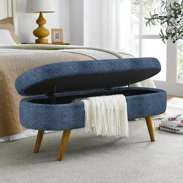 Alt view image 5 of 7 - 43.5" Storage Ottoman Bench, Upholstered Bedroom Bench, Oval Shaped Ottoman with Rubber Wood Legs, Foot Stool for End of Bed,Living Room, Entryway, Dark Blue
