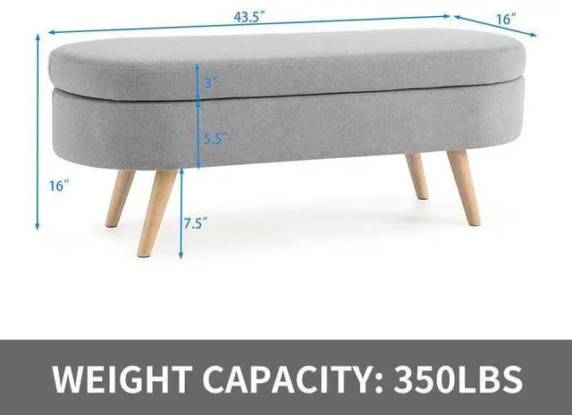 Alt view image 2 of 7 - 43.5" Storage Ottoman Bench, Linen Upholstered Bedroom Bench, Oval Shaped Ottoman with Rubber Wood Legs, Footrest Stool for End of Bed,Living Room, Entryway, Grey