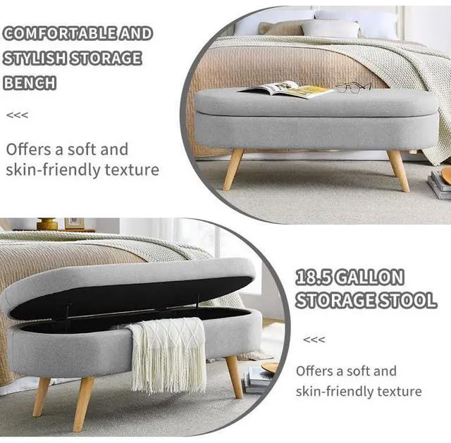 Alt view image 3 of 7 - 43.5" Storage Ottoman Bench, Linen Upholstered Bedroom Bench, Oval Shaped Ottoman with Rubber Wood Legs, Footrest Stool for End of Bed,Living Room, Entryway, Grey