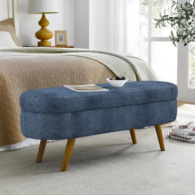 Alt view image 2 of 7 - 43.5" Storage Ottoman Bench, Upholstered Bedroom Bench, Oval Shaped Ottoman with Rubber Wood Legs, Foot Stool for End of Bed,Living Room, Entryway, Dark Blue