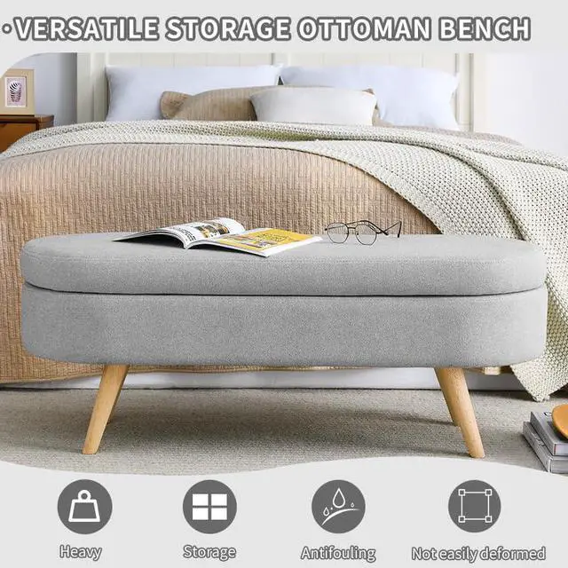 Alt view image 4 of 7 - 43.5" Storage Ottoman Bench, Linen Upholstered Bedroom Bench, Oval Shaped Ottoman with Rubber Wood Legs, Footrest Stool for End of Bed,Living Room, Entryway, Grey