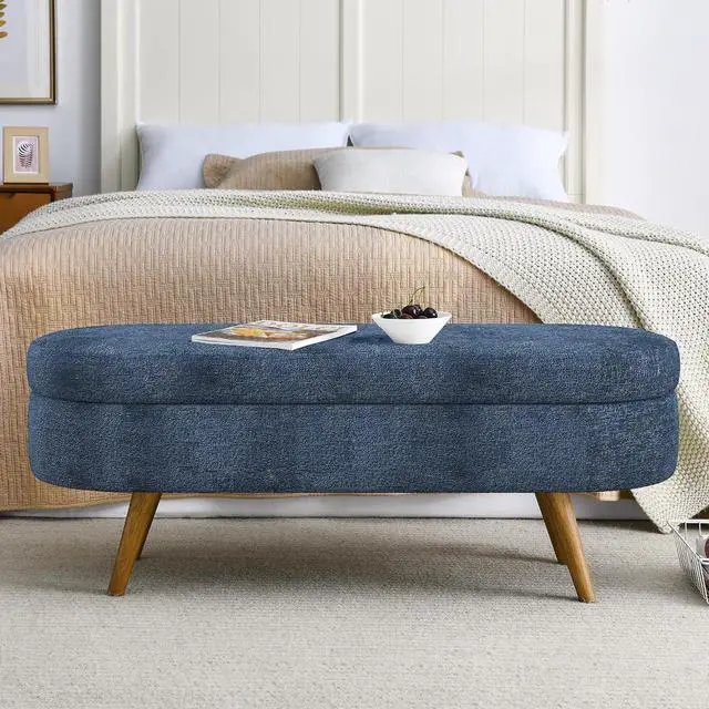 Alt view image 4 of 7 - 43.5" Storage Ottoman Bench, Upholstered Bedroom Bench, Oval Shaped Ottoman with Rubber Wood Legs, Foot Stool for End of Bed,Living Room, Entryway, Dark Blue