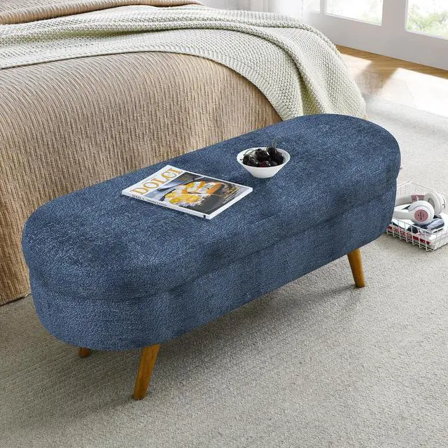 Alt view image 3 of 7 - 43.5" Storage Ottoman Bench, Upholstered Bedroom Bench, Oval Shaped Ottoman with Rubber Wood Legs, Foot Stool for End of Bed,Living Room, Entryway, Dark Blue