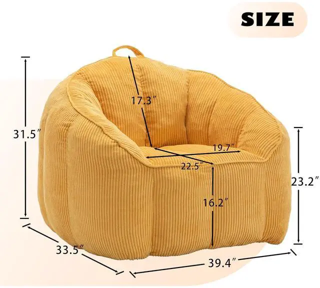 Alt view image 2 of 7 - Giant Bean Bag Chair with Pull Ring, Comfy Corduroy Lazy Sofa for Adults Teens, Large Boneless Chair, Comfy Accent Chair, Corner Armchair for for Living Room, Bedroom, Gaming, Reading, Yellow